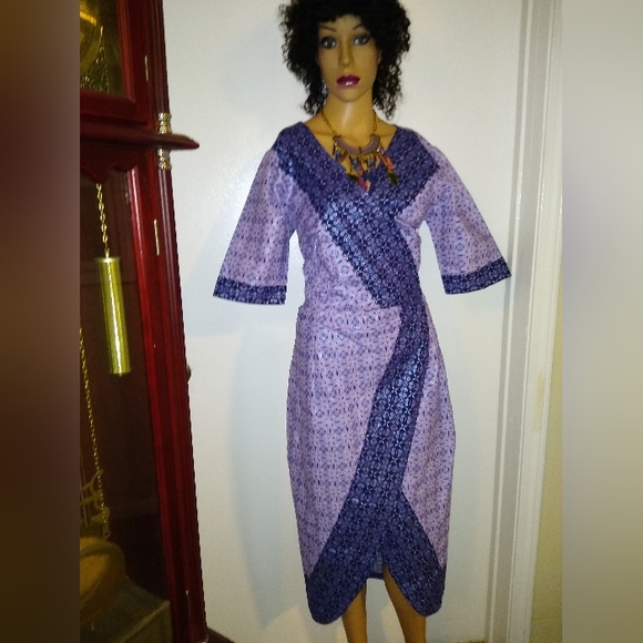 AUTH NIGERIAN M/ L BESPOKE PURPLE BLUE LAVENDER METALLIC  FAUX WRAP MIDI DRESS - Picture 10 of 10